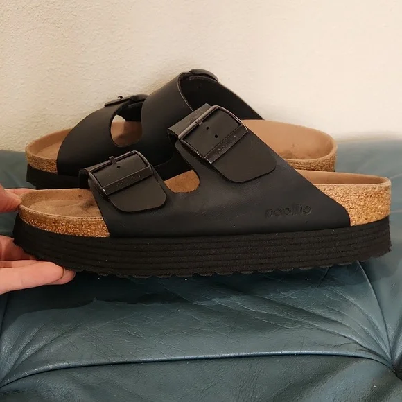 Birkenstock PAPILLlO Platform Black Double Strap Sandals Size 38 7/8 - Picture 5 of 5